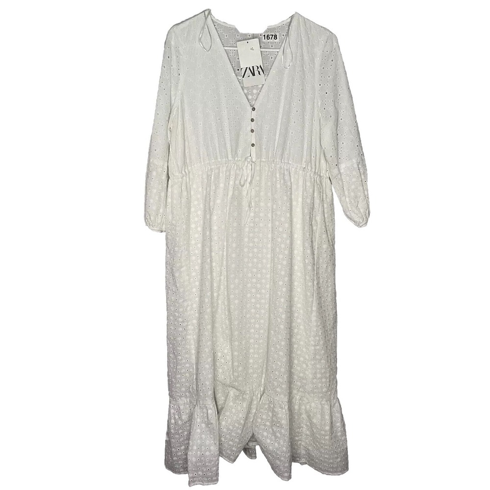 Zara White Eyelet Embroidery Midi Dress V-Neck Drawstring Waist Women Size M NEW
